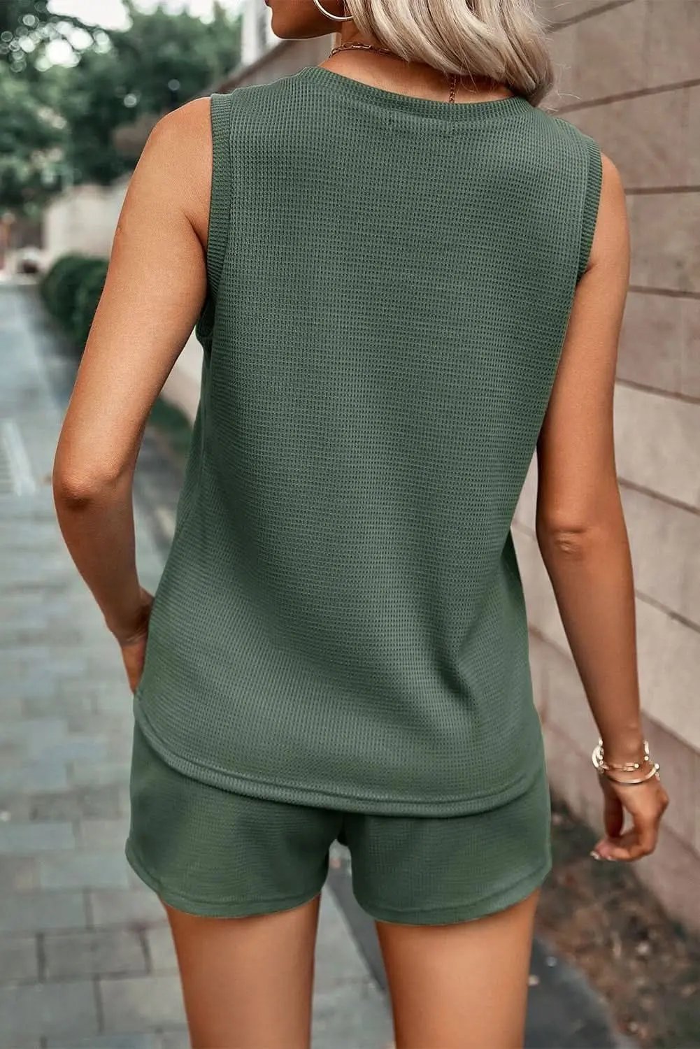 Mist Green Waffle Knit Patched Pocket Tank and Drawstring Shorts Set - Love Salve